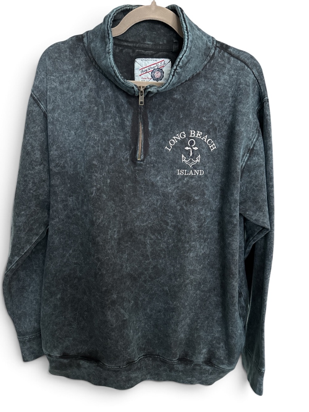 Long Beach Island Quarter Zip Pullover Sweatshirt Acid Wash Gray MENS LARGE